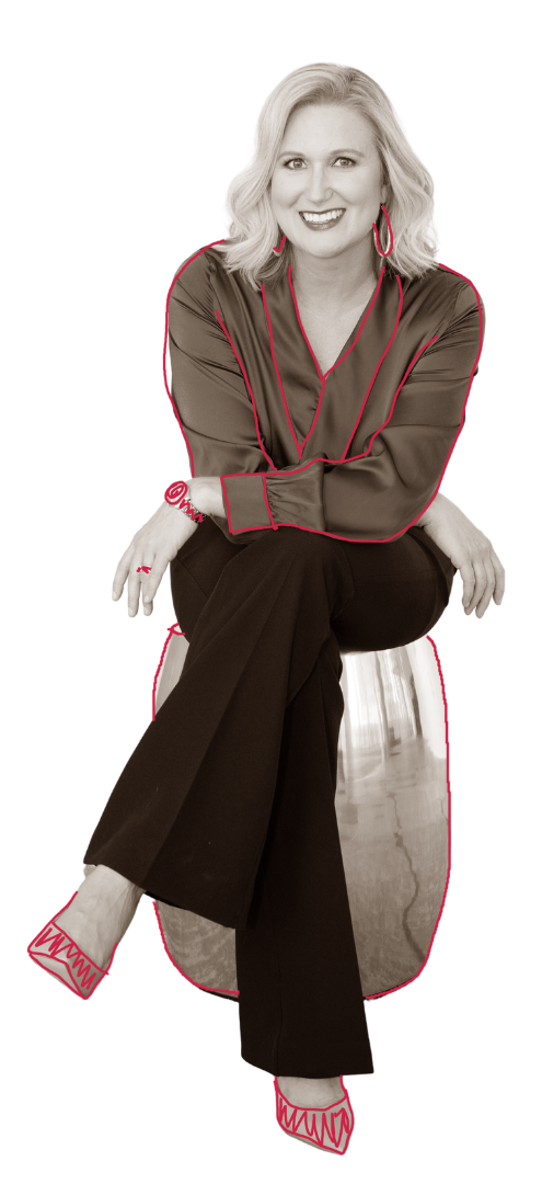 A smiling blonde woman, Katherine M. Sauer, Ph.D.; image is embellished with handdrawn lines